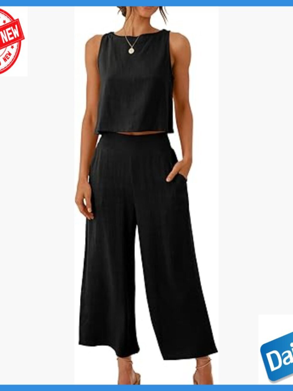 Linen Two-Piece Set Sleeveless Crop Top Wide Leg Pants Lounge Wear